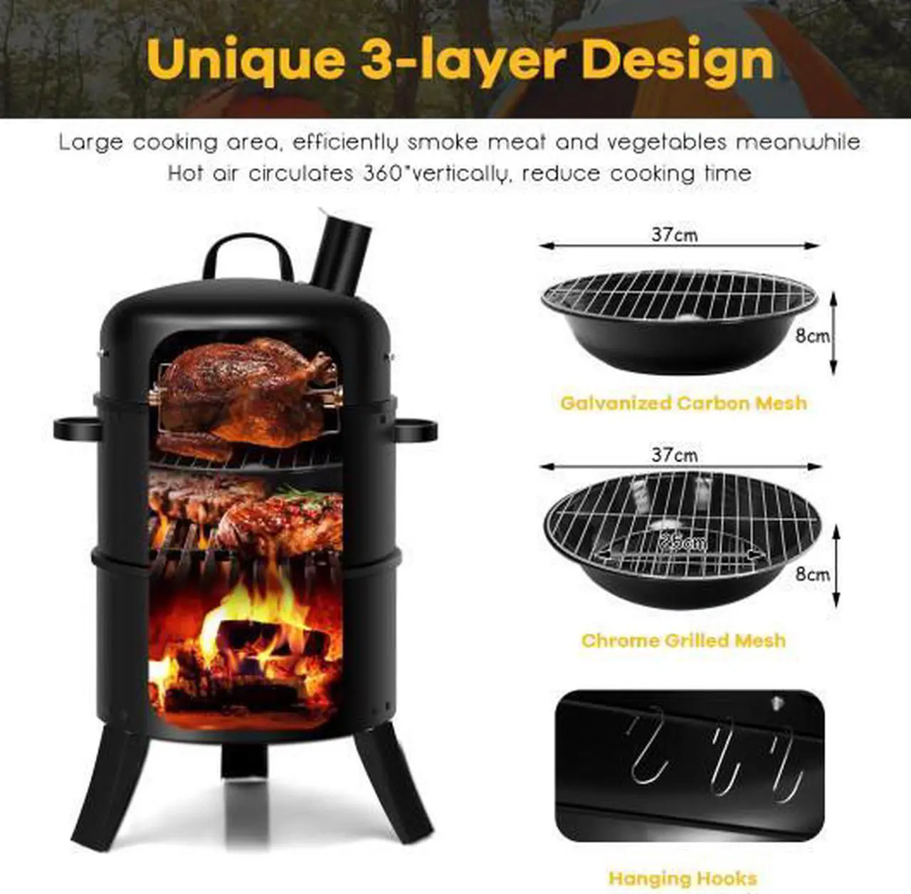 Main image of 3-in-1 Portable Round Charcoal Smoker BBQ Grill Built-in Thermometer