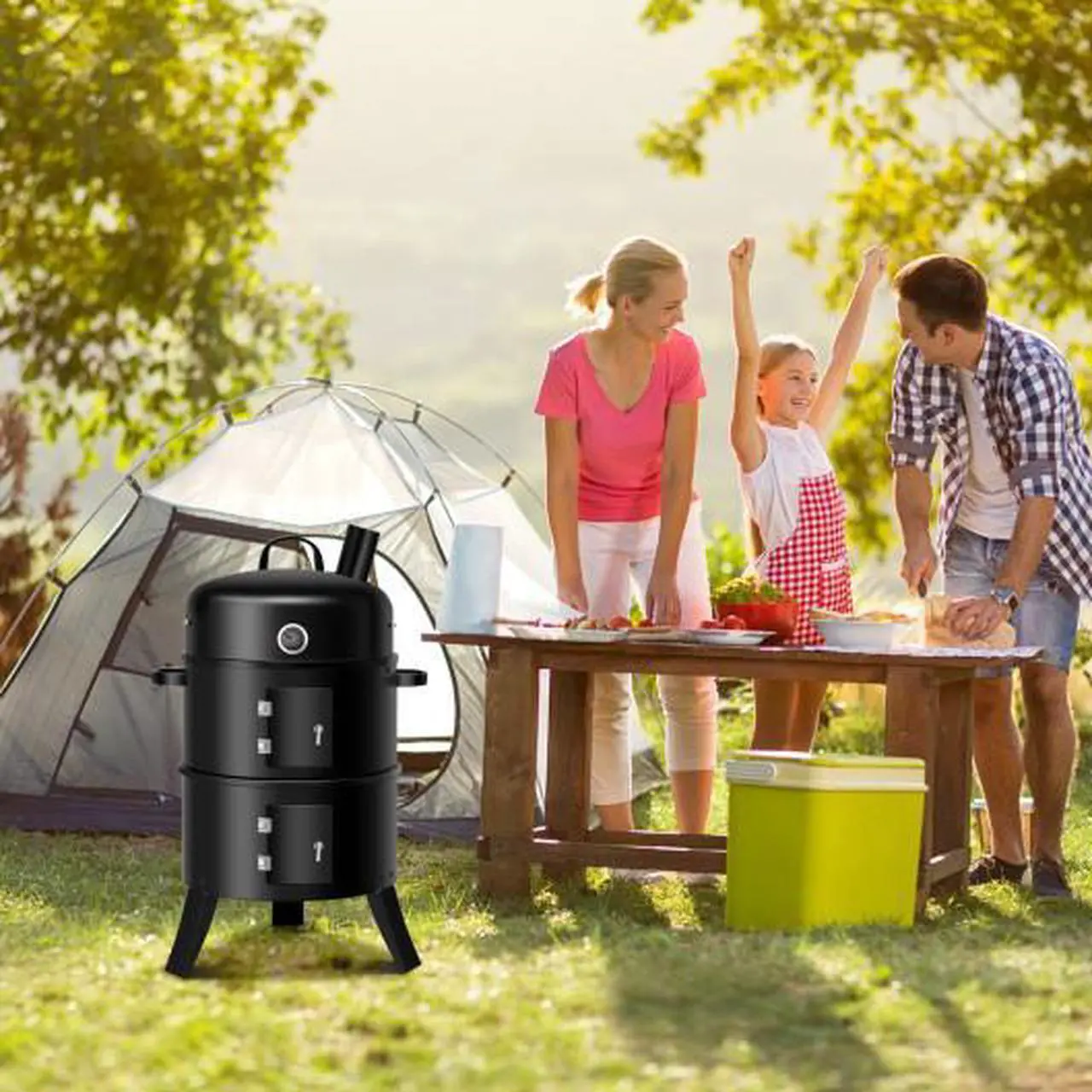 Alt view image 3 of 3 - 3-in-1 Portable Round Charcoal Smoker BBQ Grill Built-in Thermometer