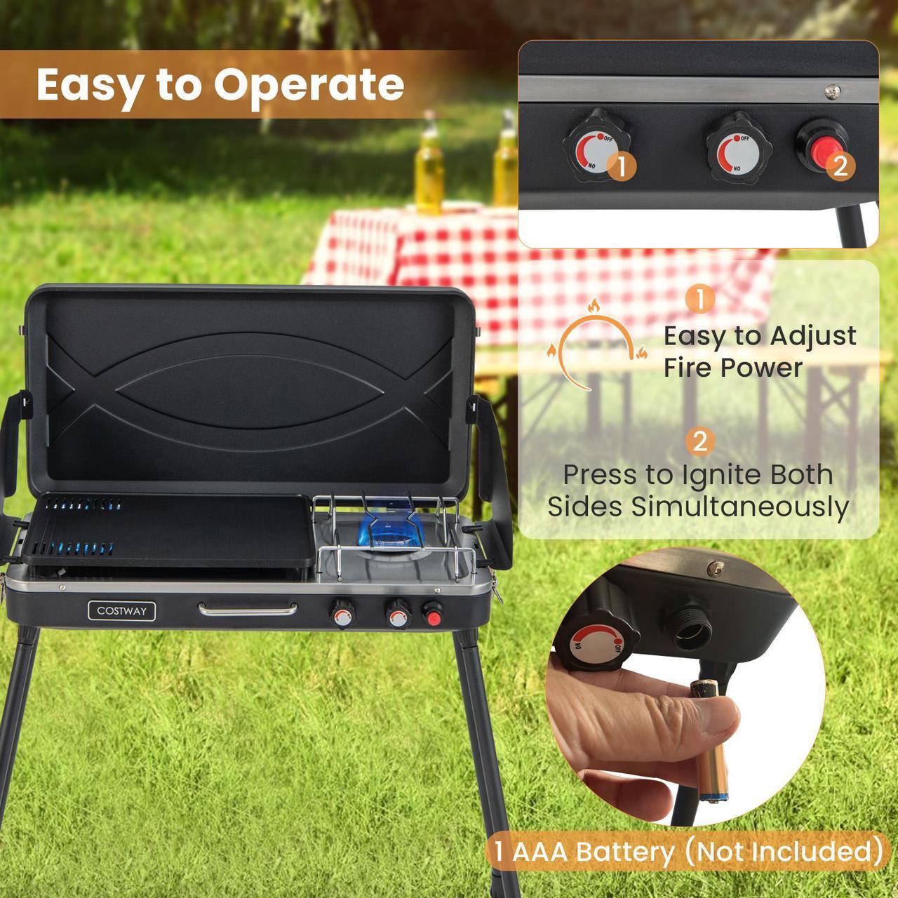Alt view image 6 of 7 - 2-in-1 Gas Camping Grill and Stove with Detachable Legs-Black