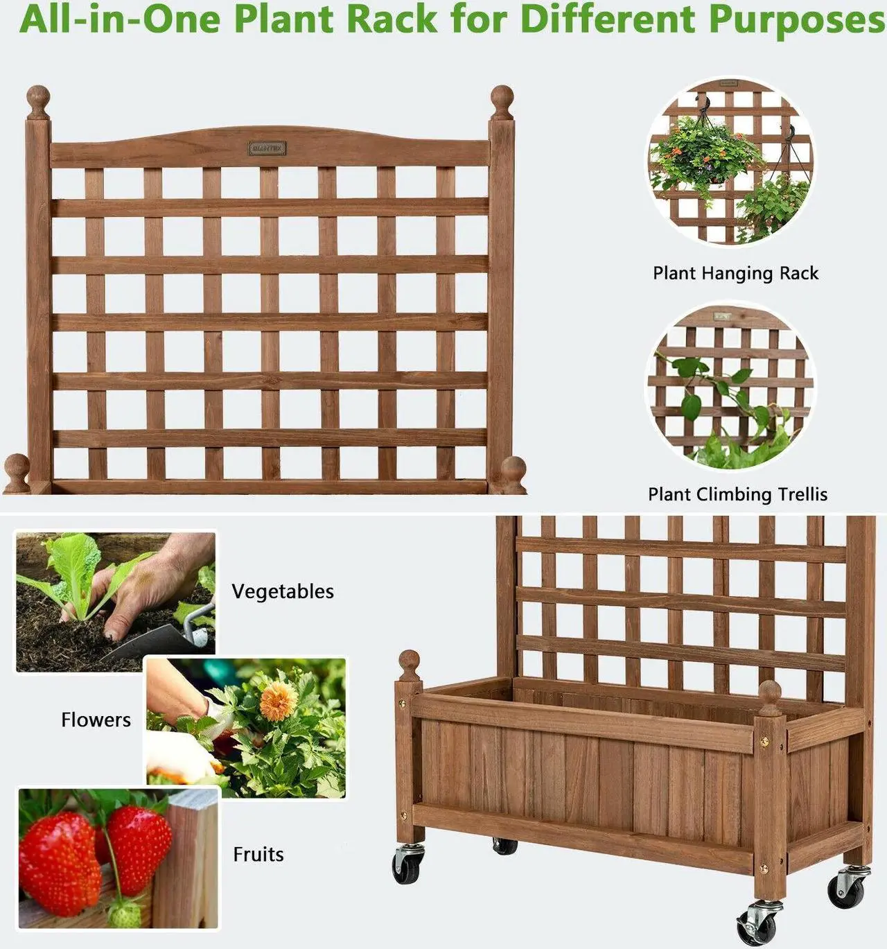 Alt view image 2 of 7 - 32in Wood Planter Box with Trellis Mobile Raised Bed for Climbing Plant
