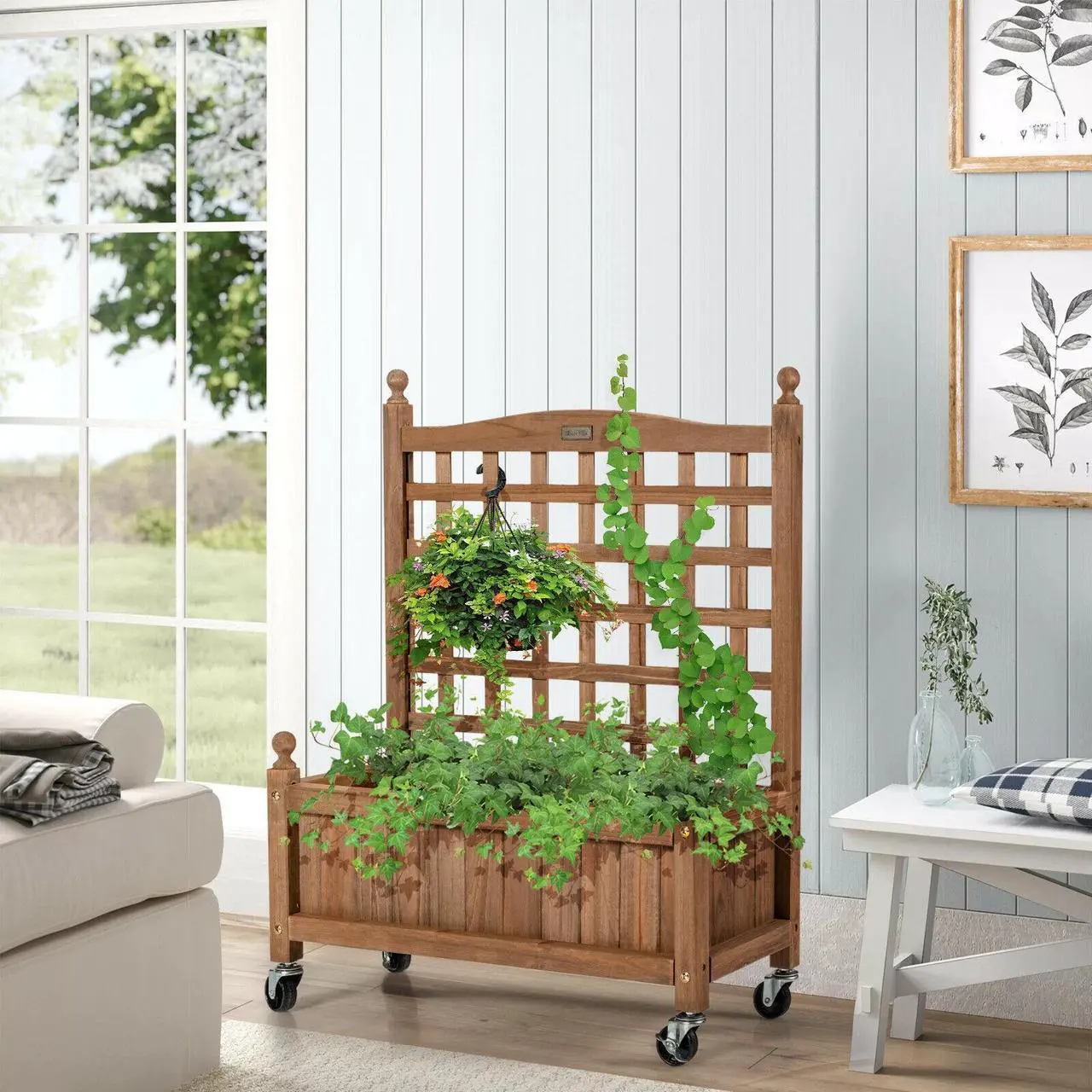 Alt view image 4 of 7 - 32in Wood Planter Box with Trellis Mobile Raised Bed for Climbing Plant