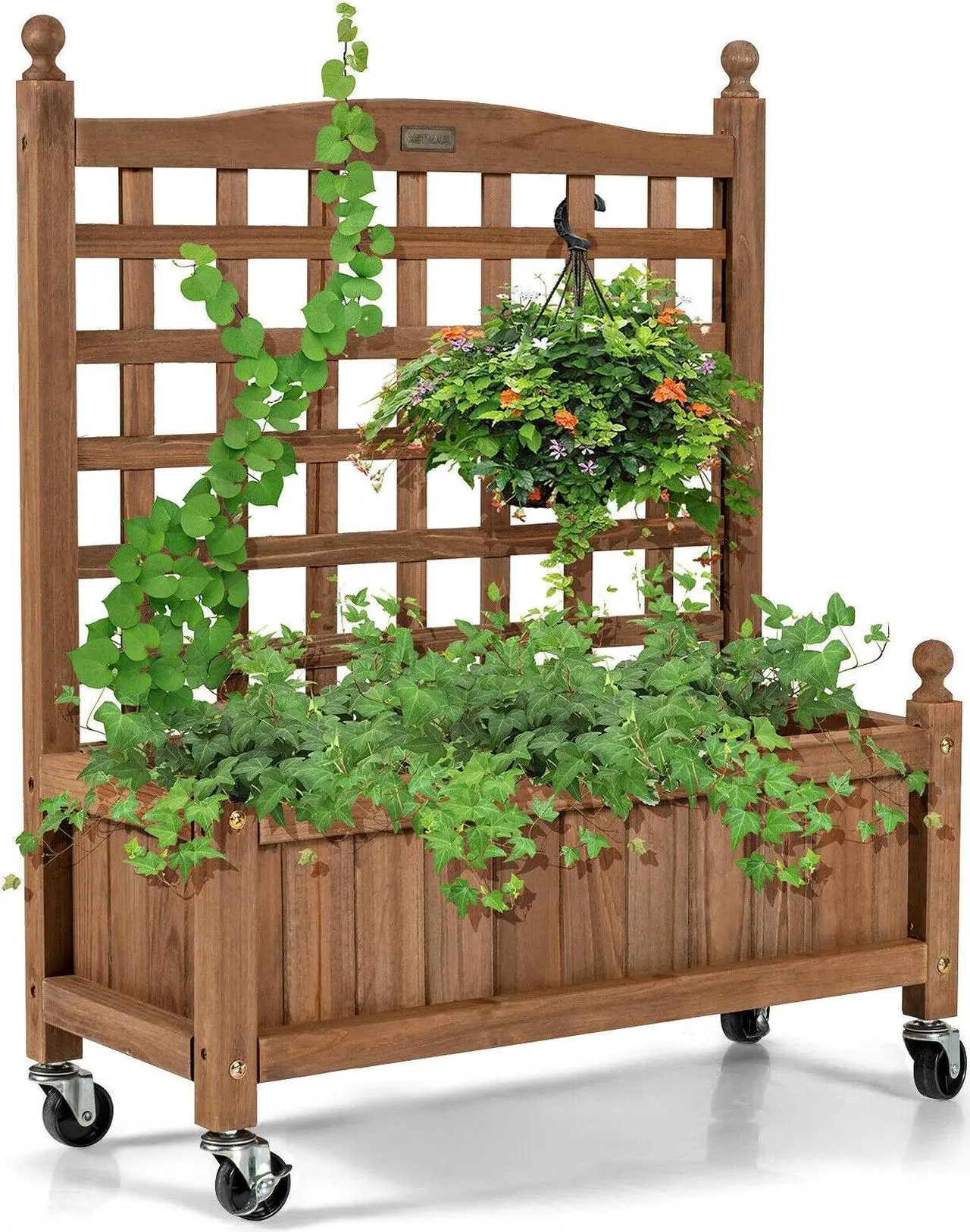 Alt view image 3 of 7 - 32in Wood Planter Box with Trellis Mobile Raised Bed for Climbing Plant