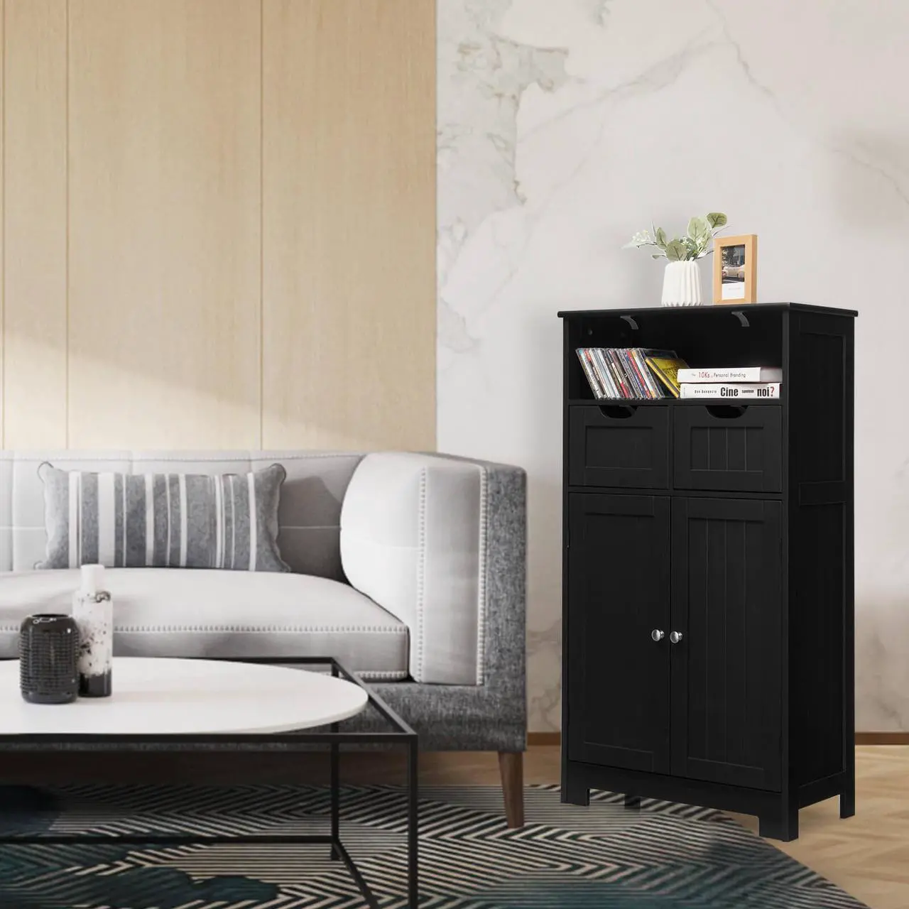 Alt view image 3 of 7 - Bathroom Wooden Side Cabinet  with 2 Drawers and 2 Doors
