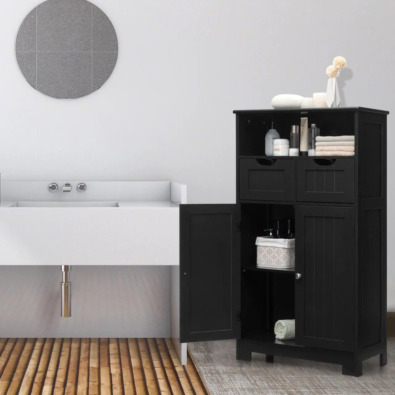 Alt view image 4 of 7 - Bathroom Wooden Side Cabinet  with 2 Drawers and 2 Doors
