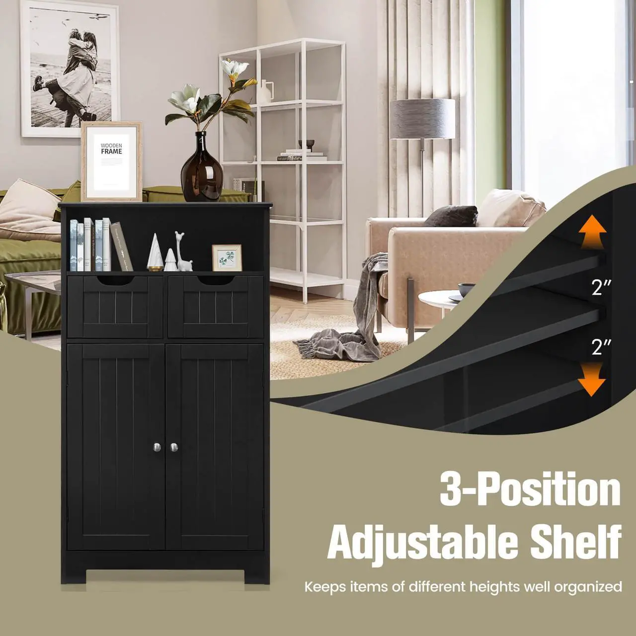 Alt view image 7 of 7 - Bathroom Wooden Side Cabinet  with 2 Drawers and 2 Doors