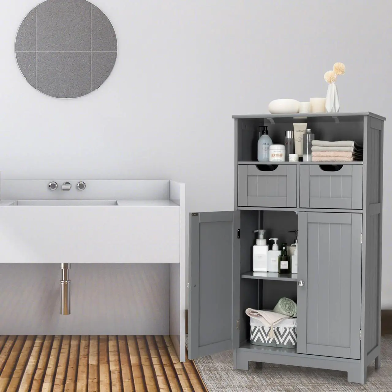 Alt view image 2 of 7 - Bathroom Wooden Side Cabinet  with 2 Drawers and 2 Doors
