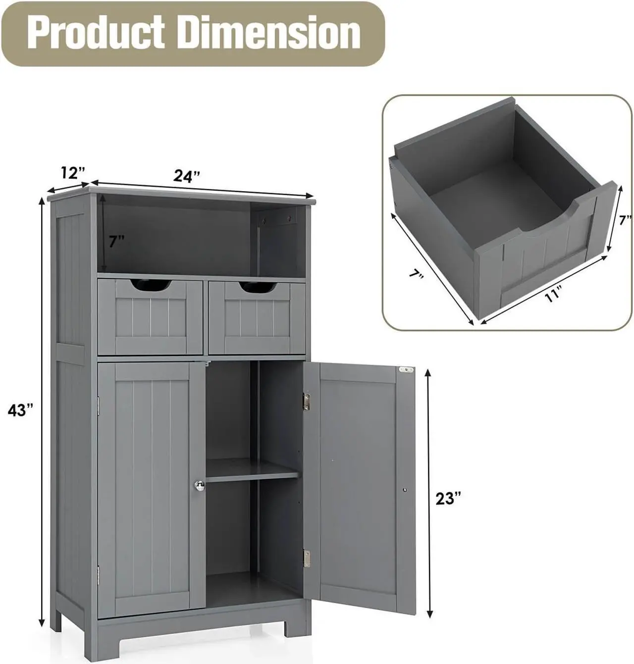 Alt view image 4 of 7 - Bathroom Wooden Side Cabinet  with 2 Drawers and 2 Doors