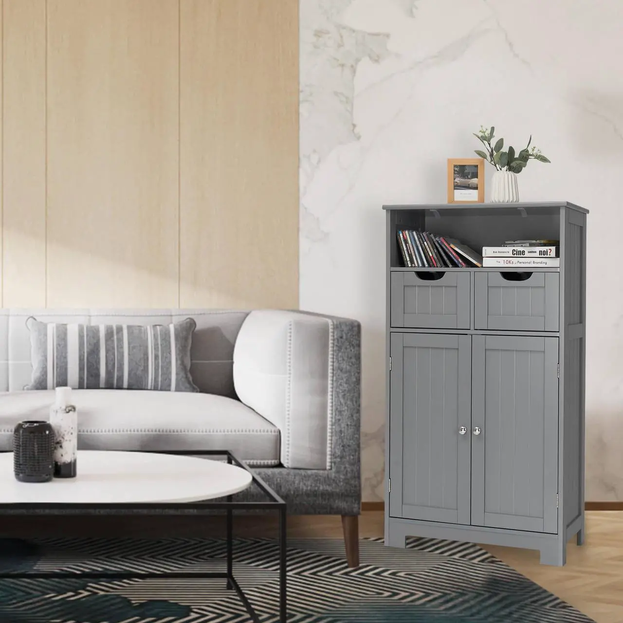 Alt view image 6 of 7 - Bathroom Wooden Side Cabinet  with 2 Drawers and 2 Doors
