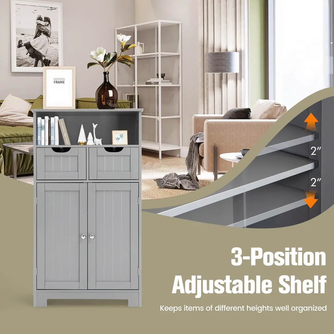 Alt view image 5 of 7 - Bathroom Wooden Side Cabinet  with 2 Drawers and 2 Doors