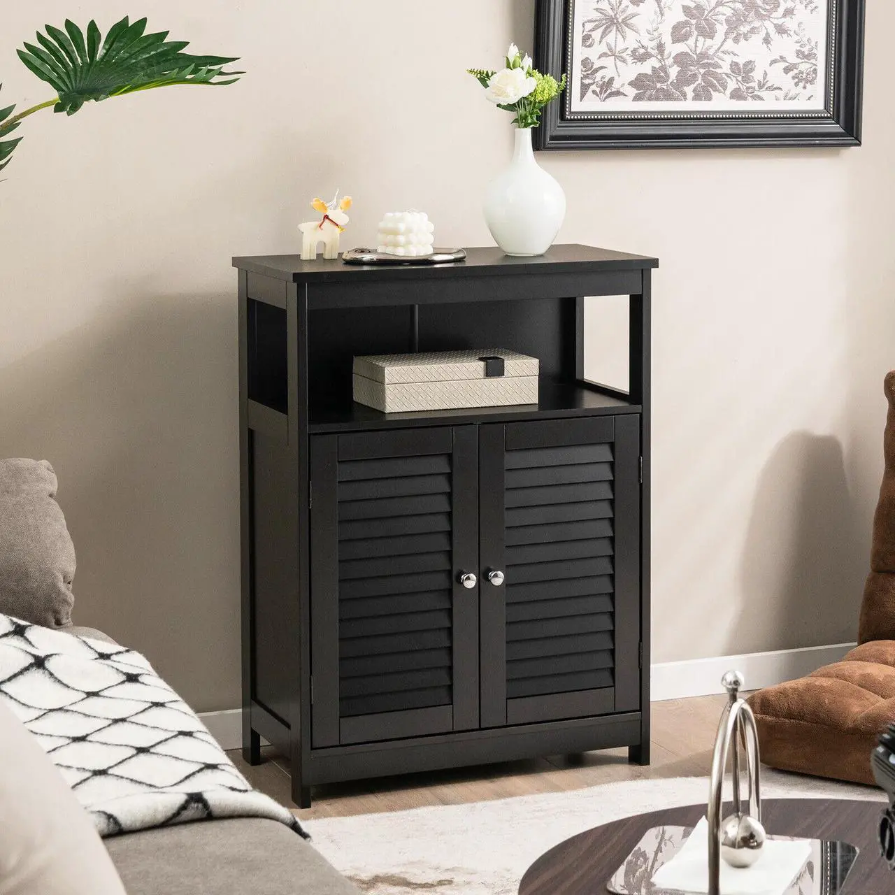 Alt view image 4 of 7 - Wood Freestanding Bathroom Storage Cabinet with Double Shutter Door