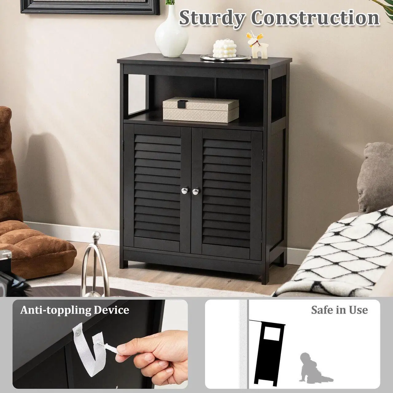 Alt view image 5 of 7 - Wood Freestanding Bathroom Storage Cabinet with Double Shutter Door