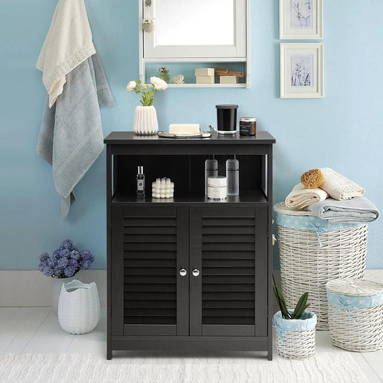 Alt view image 6 of 7 - Wood Freestanding Bathroom Storage Cabinet with Double Shutter Door