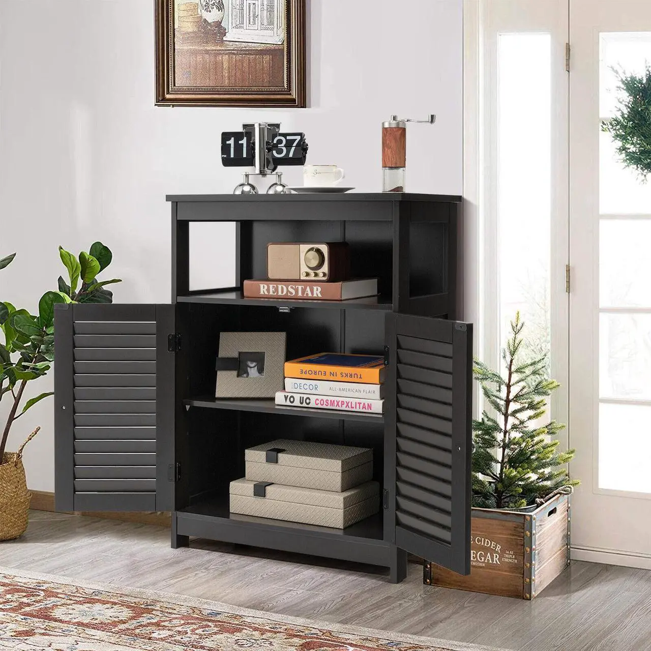 Alt view image 7 of 7 - Wood Freestanding Bathroom Storage Cabinet with Double Shutter Door