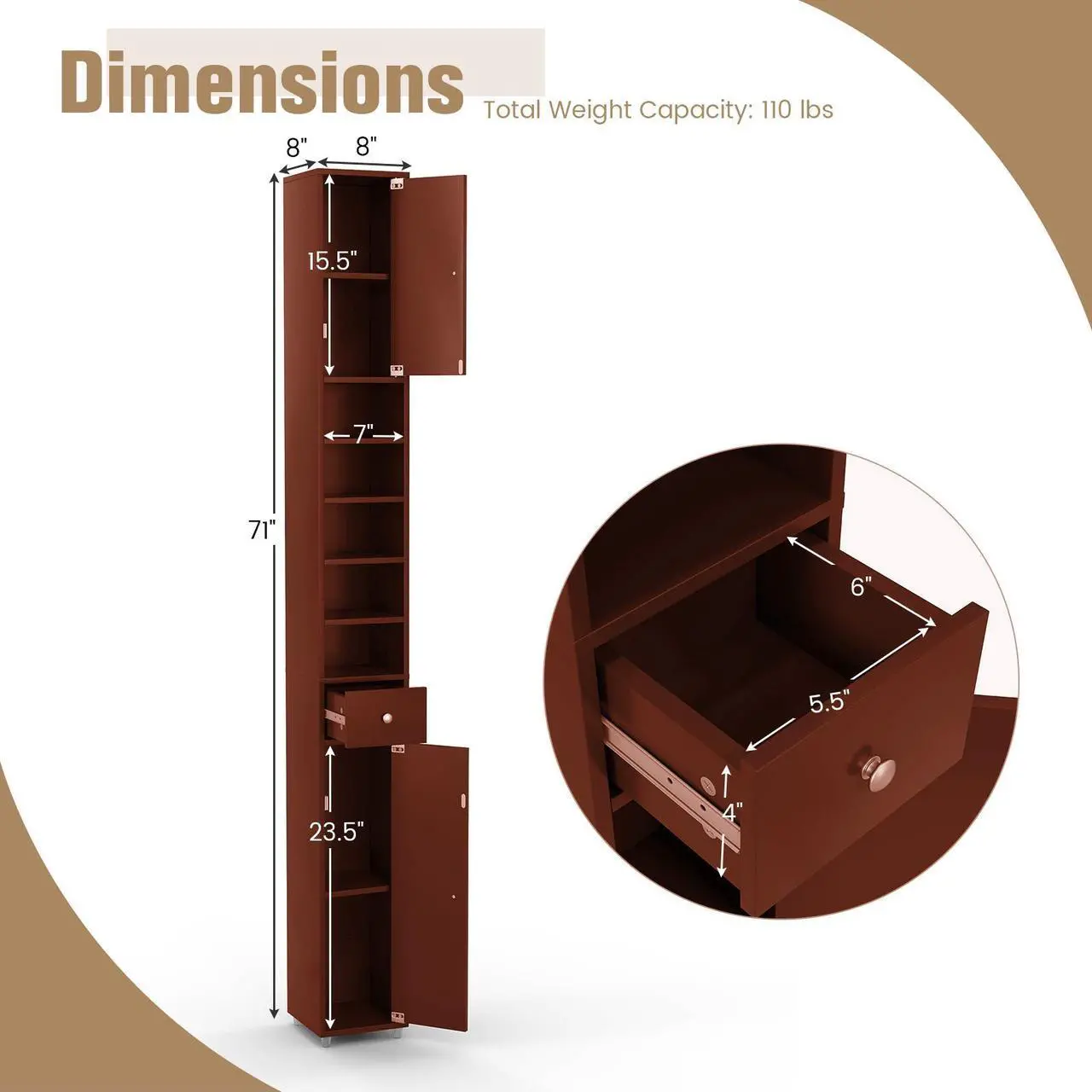 Alt view image 5 of 7 - Freestanding Slim Bathroom Cabinet with Drawer and Adjustable Shelves