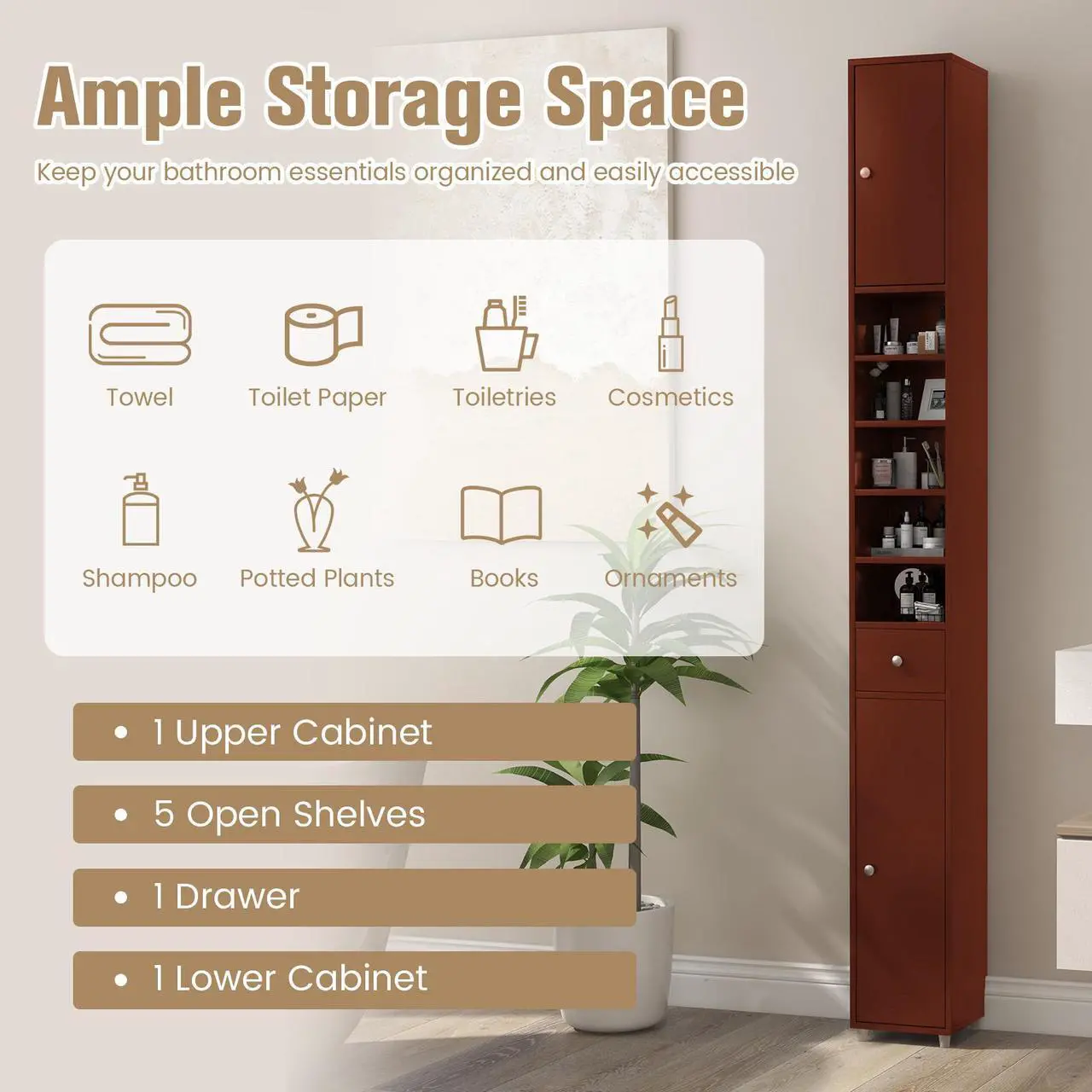 Alt view image 6 of 7 - Freestanding Slim Bathroom Cabinet with Drawer and Adjustable Shelves