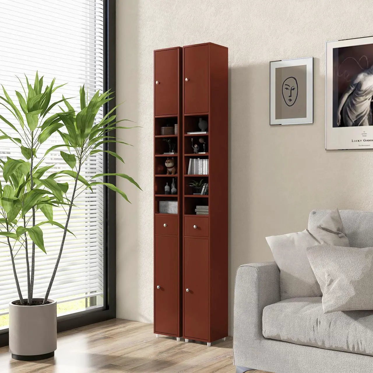 Alt view image 3 of 7 - Freestanding Slim Bathroom Cabinet with Drawer and Adjustable Shelves