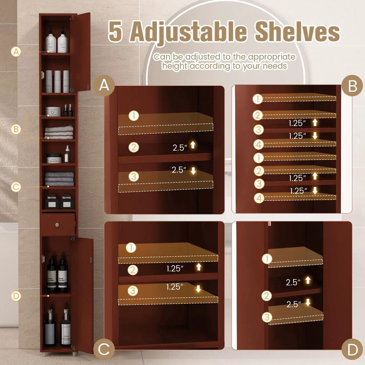 Alt view image 7 of 7 - Freestanding Slim Bathroom Cabinet with Drawer and Adjustable Shelves