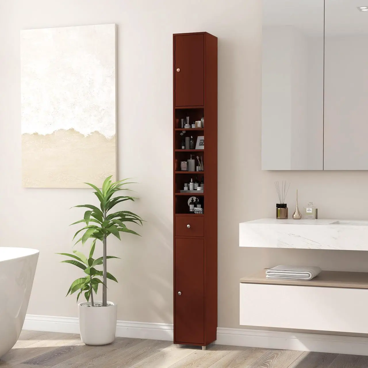 Alt view image 4 of 7 - Freestanding Slim Bathroom Cabinet with Drawer and Adjustable Shelves