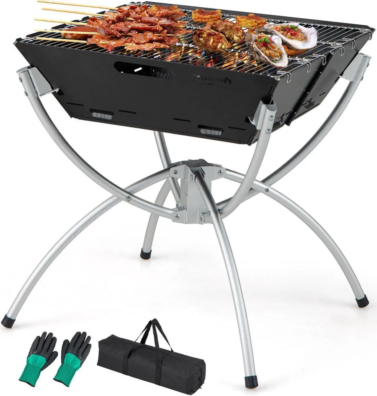 Alt view image 2 of 7 - 3-in-1 Camping Campfire Grill with Stainless Steel Grills Carrying Bag & Gloves