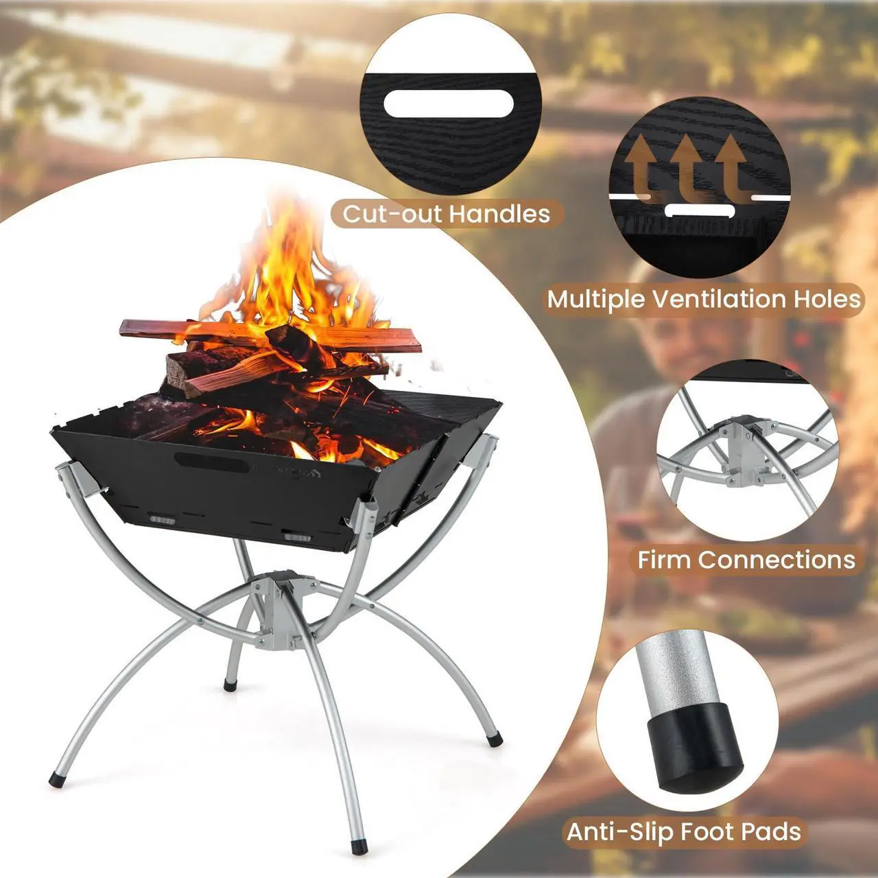Alt view image 7 of 7 - 3-in-1 Camping Campfire Grill with Stainless Steel Grills Carrying Bag & Gloves