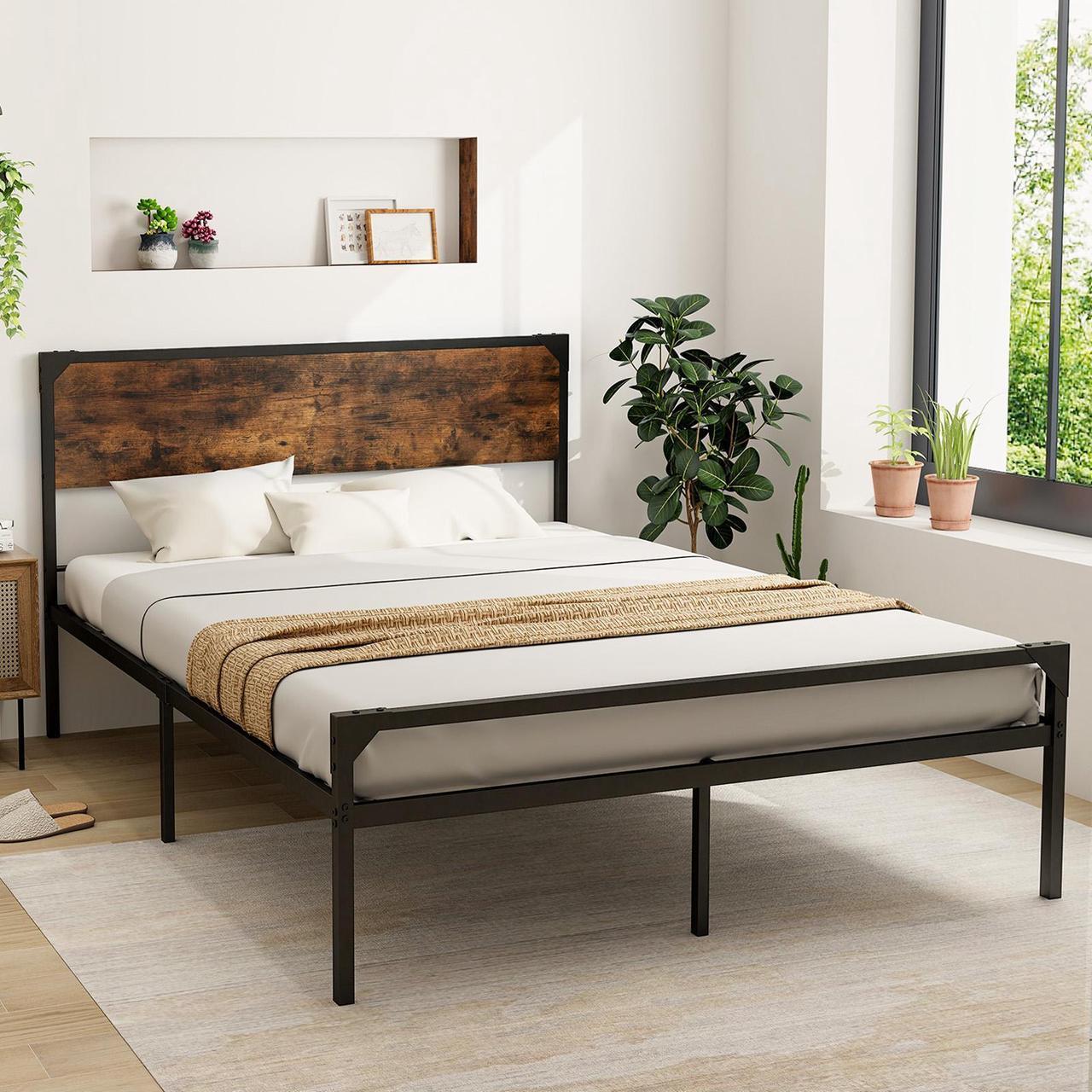 Alt view image 4 of 7 - SlickBlue Platform Bed with Rustic Headboard and Footboard-Queen Size