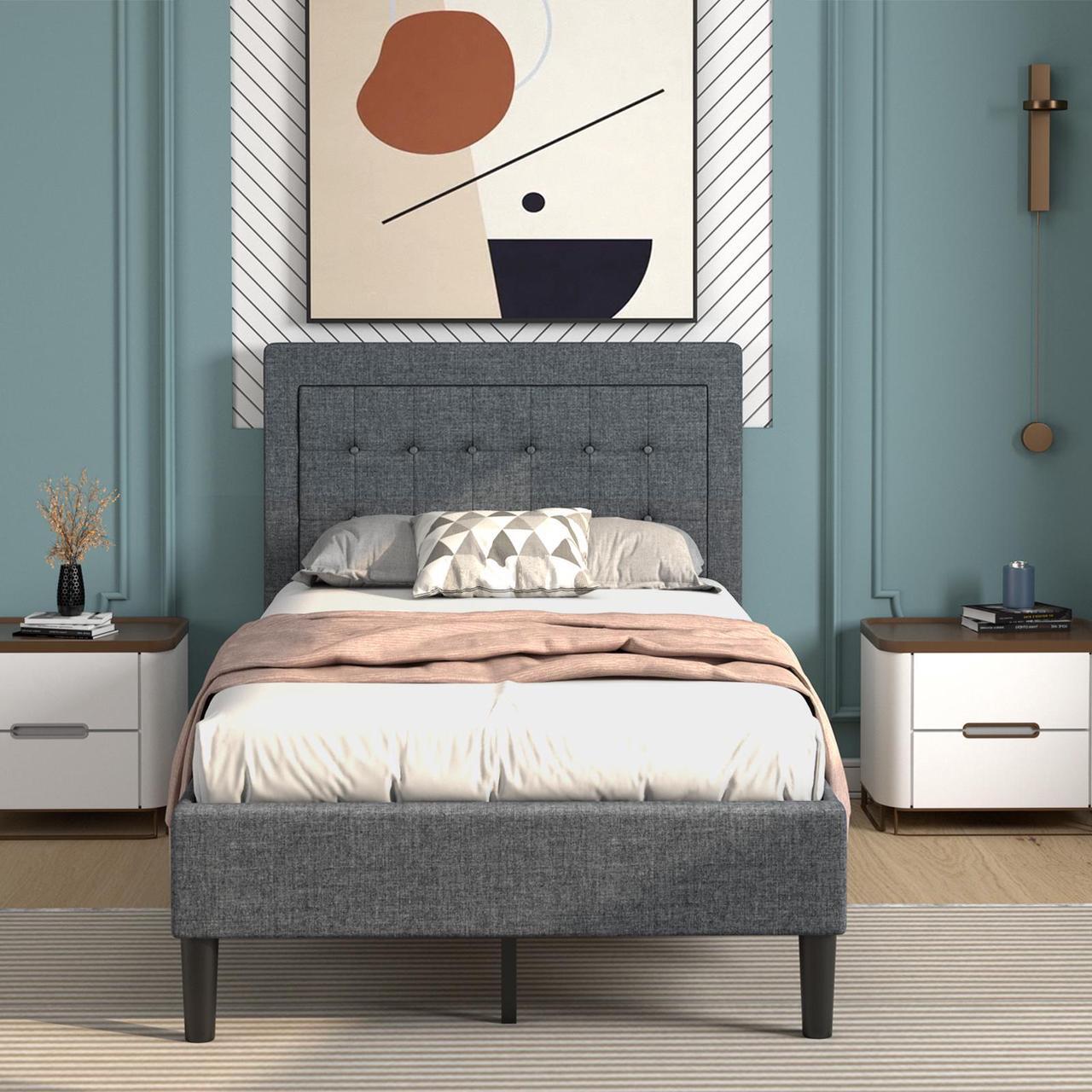 Alt view image 2 of 7 - SlickBlue Twin Size Upholstered Bed Frame with Button Tufted Headboard