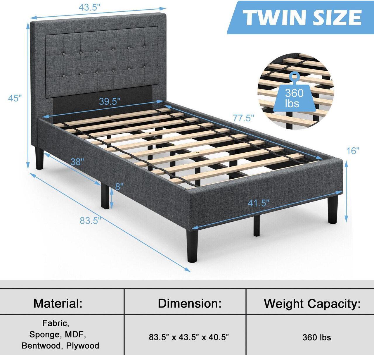 Alt view image 7 of 7 - SlickBlue Twin Size Upholstered Bed Frame with Button Tufted Headboard