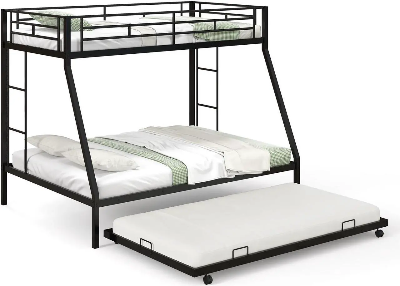 Alt view image 2 of 7 - SlickBlue Twin Over Full Bunk Bed Frame with Trundle for Guest Room-Black