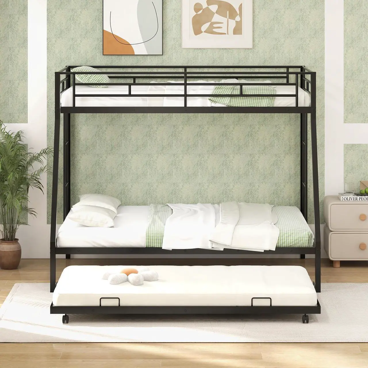 Alt view image 3 of 7 - SlickBlue Twin Over Full Bunk Bed Frame with Trundle for Guest Room-Black