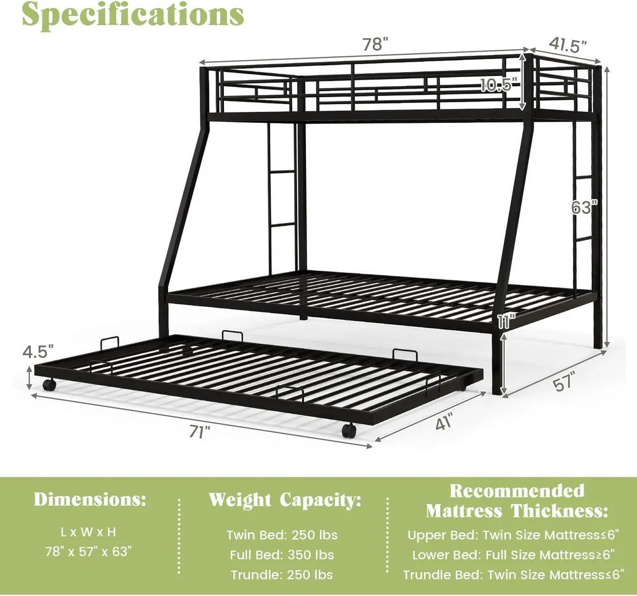 Alt view image 5 of 7 - SlickBlue Twin Over Full Bunk Bed Frame with Trundle for Guest Room-Black