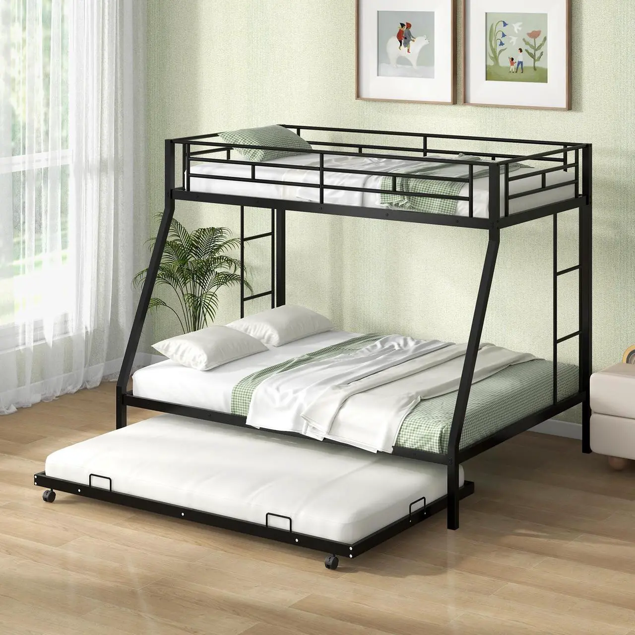 Alt view image 4 of 7 - SlickBlue Twin Over Full Bunk Bed Frame with Trundle for Guest Room-Black