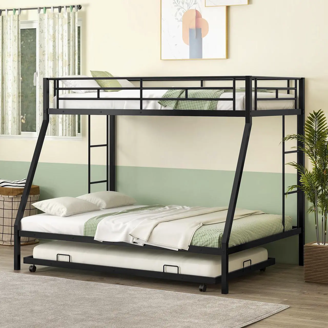 Alt view image 6 of 7 - SlickBlue Twin Over Full Bunk Bed Frame with Trundle for Guest Room-Black