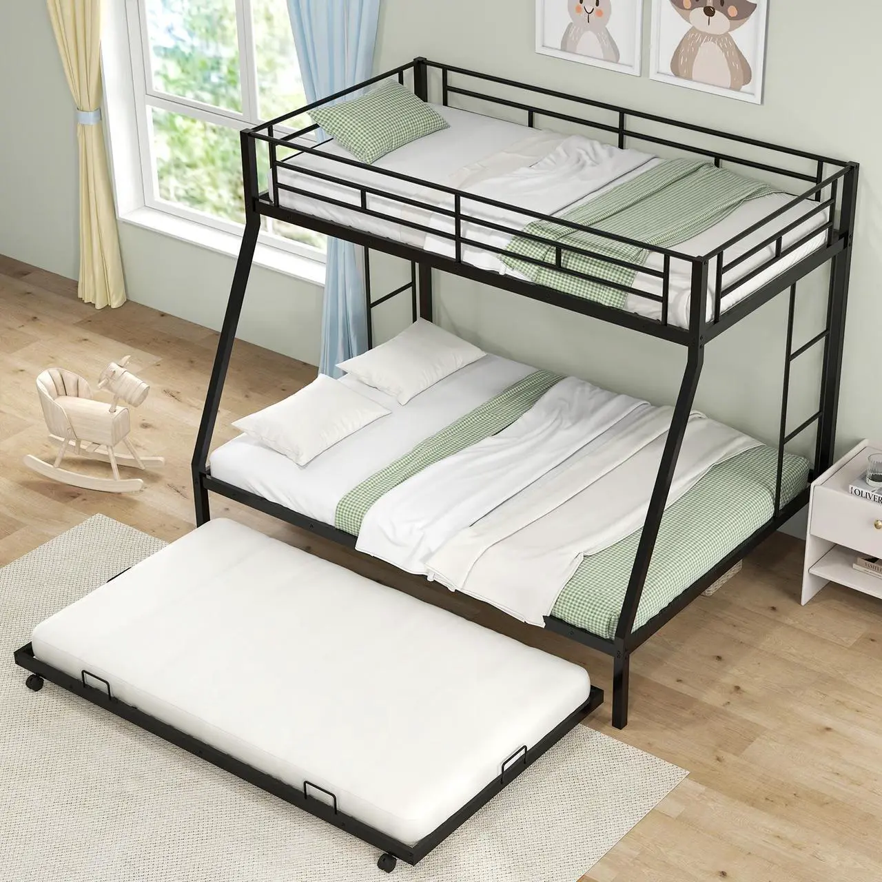 Alt view image 7 of 7 - SlickBlue Twin Over Full Bunk Bed Frame with Trundle for Guest Room-Black