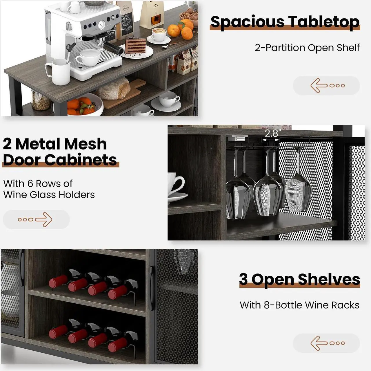 Alt view image 6 of 7 - SlickBlue 55-Inch Buffet Sideboard with 8-Bottle Wine Racks and Wine Glass Holders