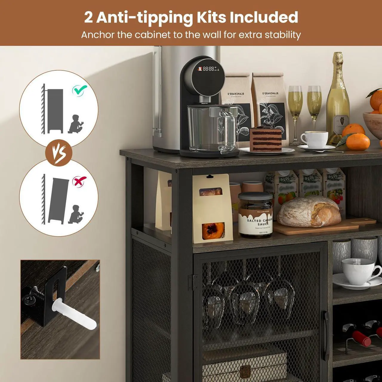 Alt view image 7 of 7 - SlickBlue 55-Inch Buffet Sideboard with 8-Bottle Wine Racks and Wine Glass Holders