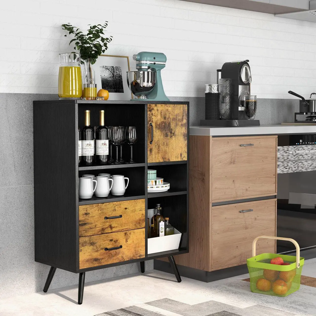 Alt view image 6 of 7 - SlickBlue Industrial Buffet Sideboard Kitchen Cupboard with Cubbies Drawers