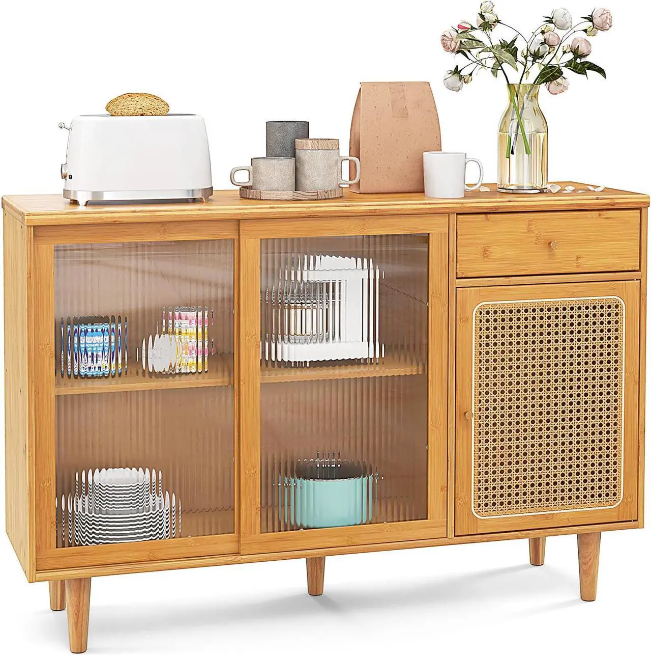 Alt view image 4 of 7 - SlickBlue Modern Bamboo Buffet Sideboard Cabinet with Tempered Glass Sliding Doors