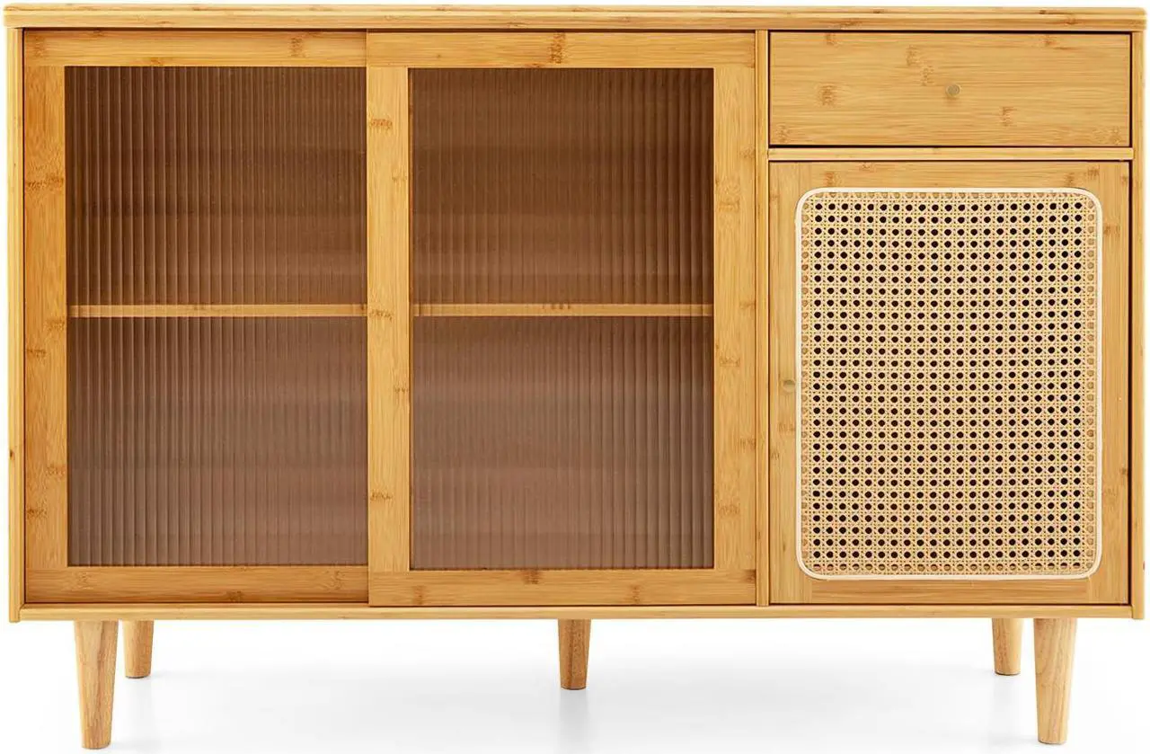 Main image of SlickBlue Modern Bamboo Buffet Sideboard Cabinet with Tempered Glass Sliding Doors