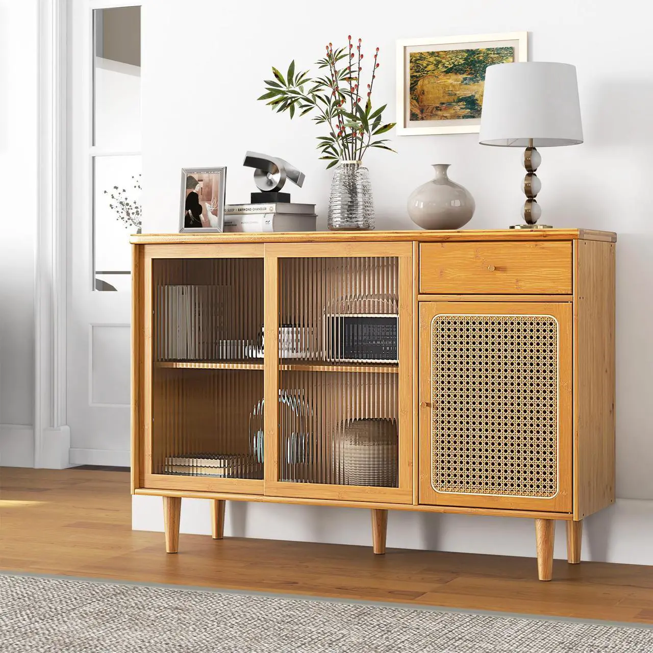 Alt view image 2 of 7 - SlickBlue Modern Bamboo Buffet Sideboard Cabinet with Tempered Glass Sliding Doors