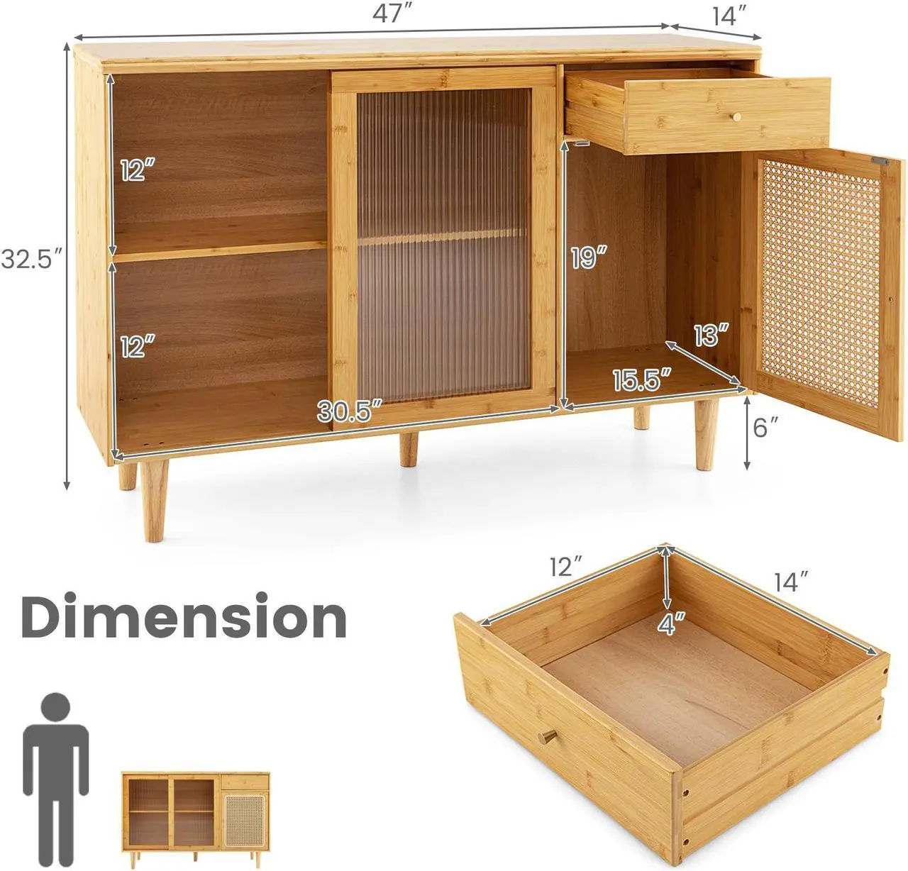 Alt view image 5 of 7 - SlickBlue Modern Bamboo Buffet Sideboard Cabinet with Tempered Glass Sliding Doors