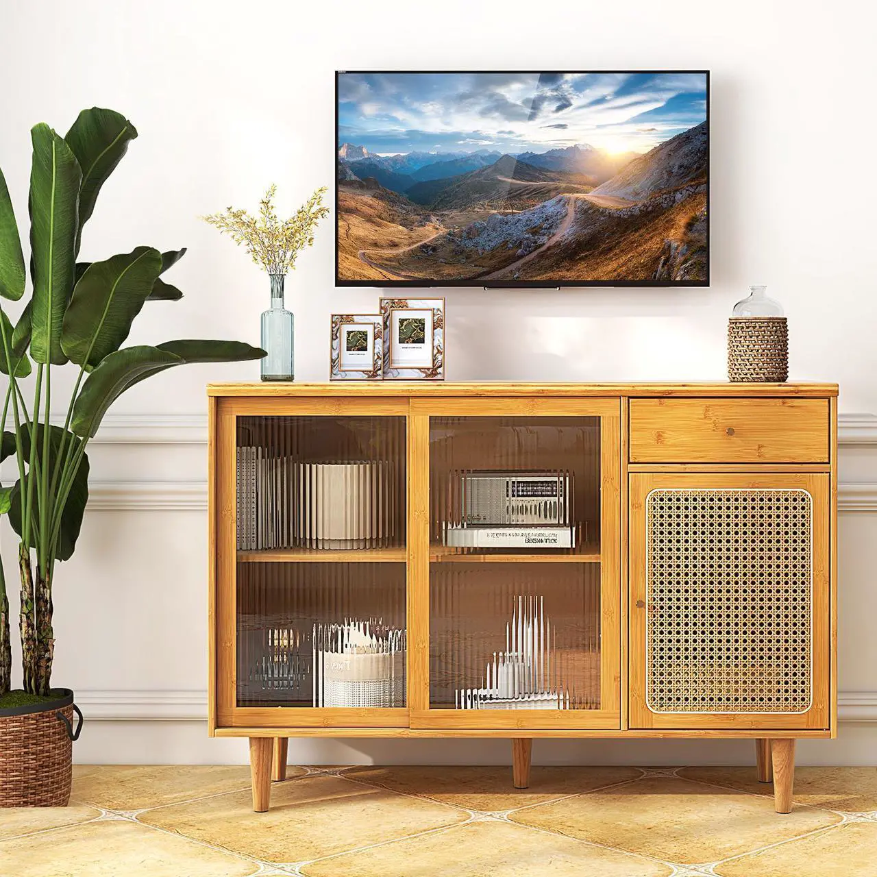 Alt view image 6 of 7 - SlickBlue Modern Bamboo Buffet Sideboard Cabinet with Tempered Glass Sliding Doors