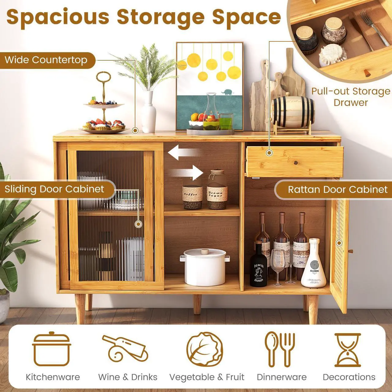 Alt view image 7 of 7 - SlickBlue Modern Bamboo Buffet Sideboard Cabinet with Tempered Glass Sliding Doors