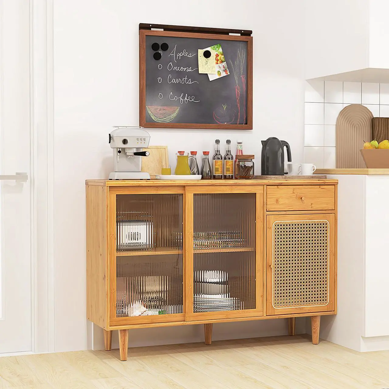 Alt view image 3 of 7 - SlickBlue Modern Bamboo Buffet Sideboard Cabinet with Tempered Glass Sliding Doors