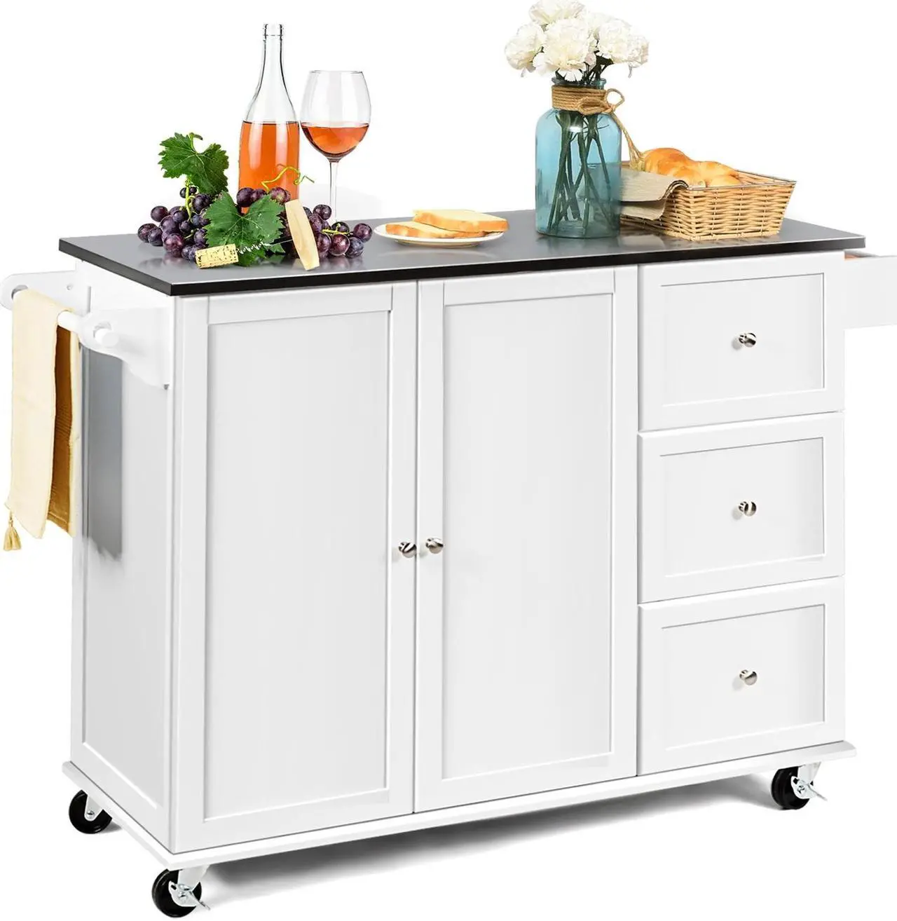 Main image of SlickBlue Kitchen Island 2-Door Storage Cabinet with Drawers and Stainless Steel Top-White