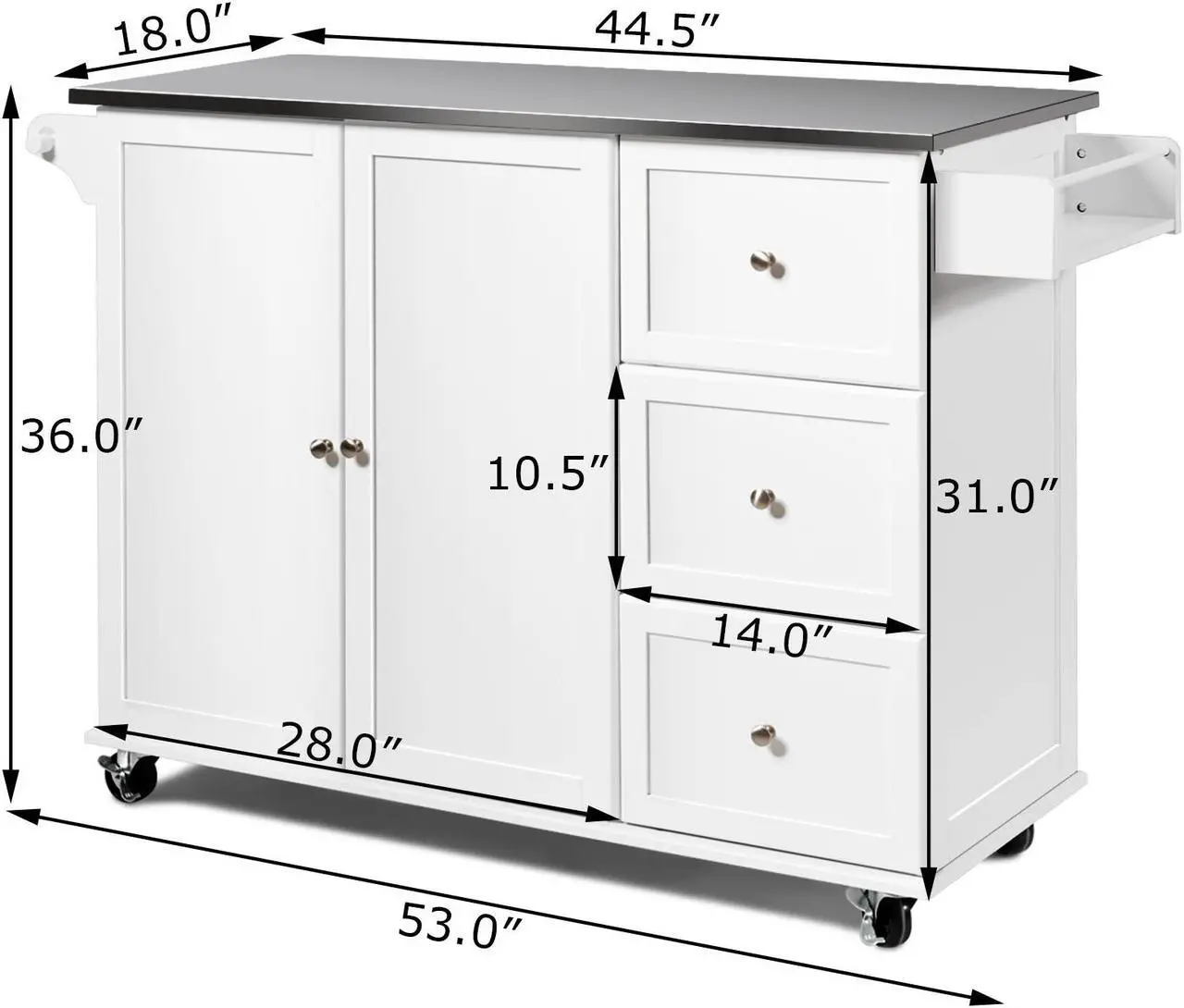 Alt view image 4 of 7 - SlickBlue Kitchen Island 2-Door Storage Cabinet with Drawers and Stainless Steel Top-White