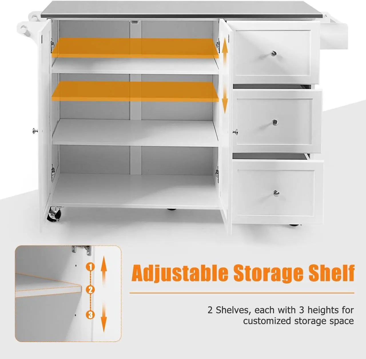 Alt view image 6 of 7 - SlickBlue Kitchen Island 2-Door Storage Cabinet with Drawers and Stainless Steel Top-White