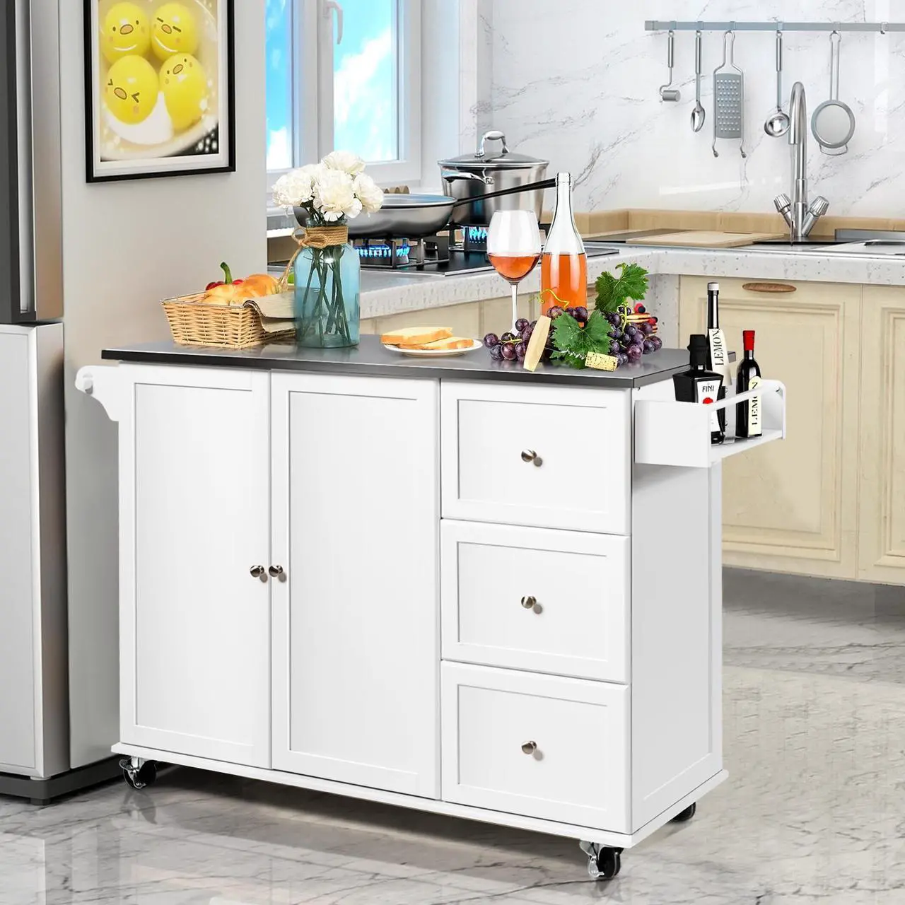 Alt view image 2 of 7 - SlickBlue Kitchen Island 2-Door Storage Cabinet with Drawers and Stainless Steel Top-White