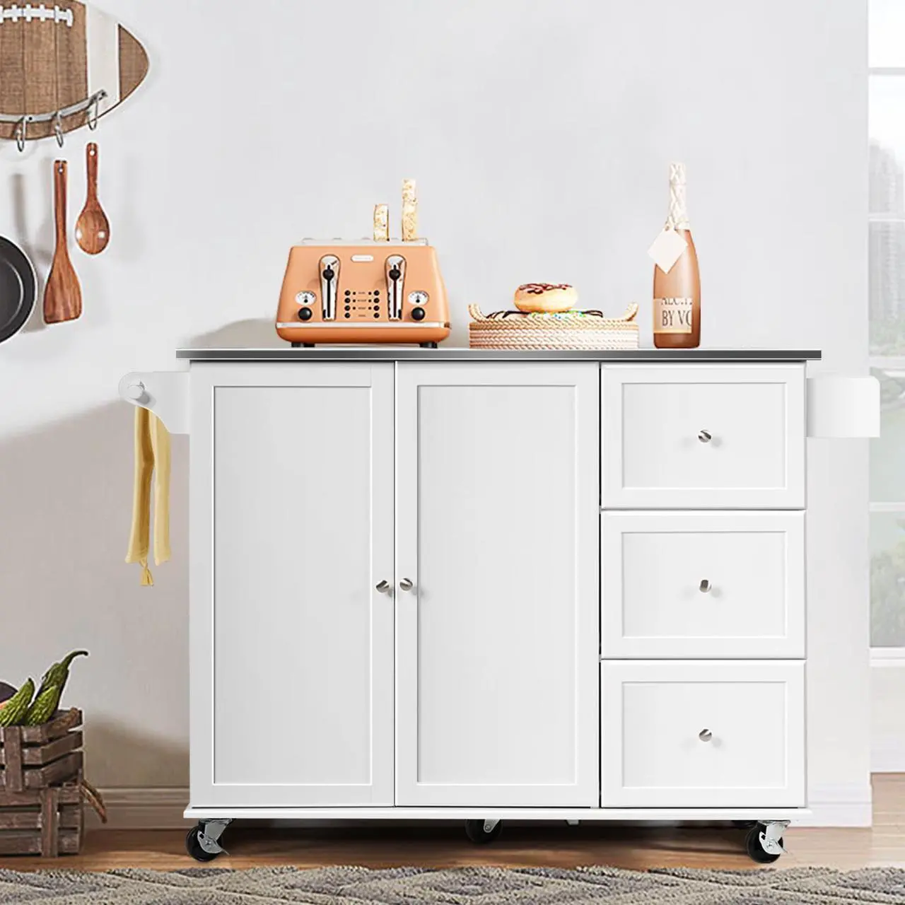 Alt view image 3 of 7 - SlickBlue Kitchen Island 2-Door Storage Cabinet with Drawers and Stainless Steel Top-White