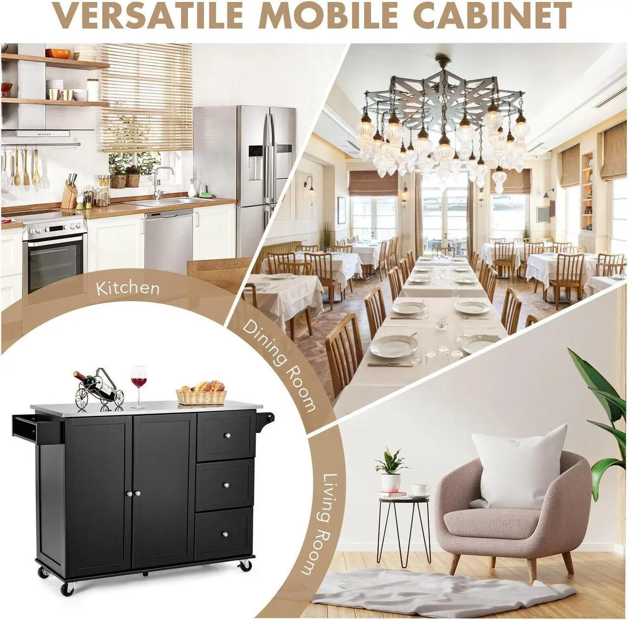 Alt view image 5 of 7 - SlickBlue Kitchen Island 2-Door Storage Cabinet with Drawers and Stainless Steel Top-Black