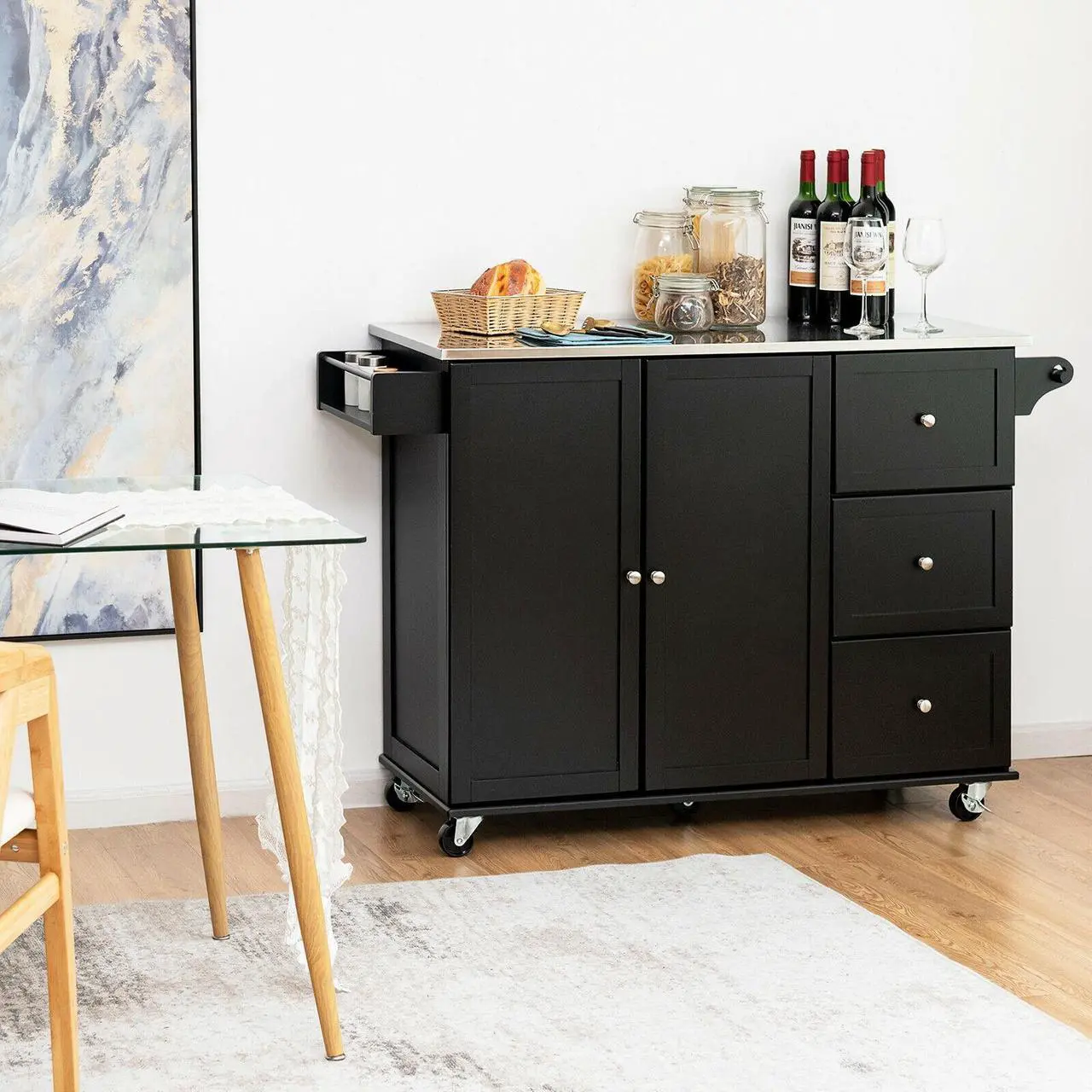 Alt view image 2 of 7 - SlickBlue Kitchen Island 2-Door Storage Cabinet with Drawers and Stainless Steel Top-Black